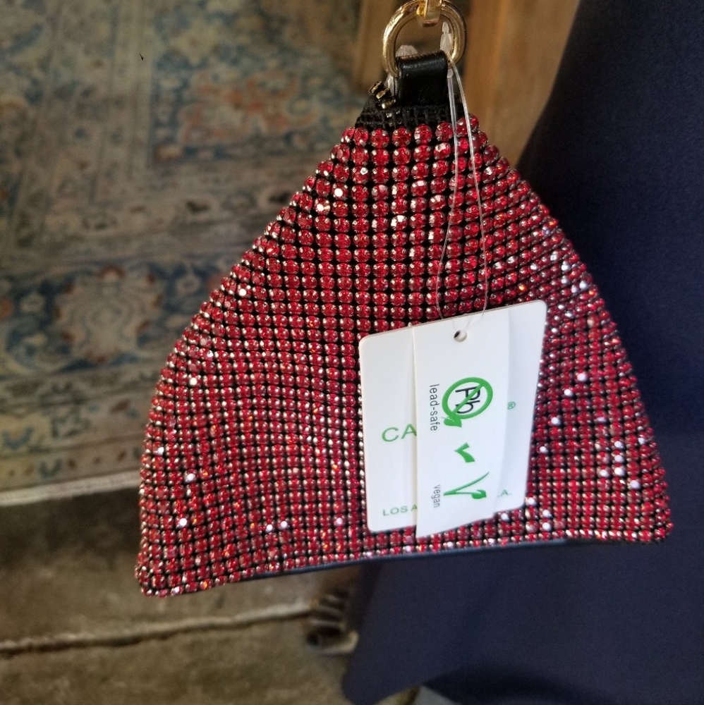 Triangular Red Rhinestone Evening Bag with Zipper - Picture 10 of 16